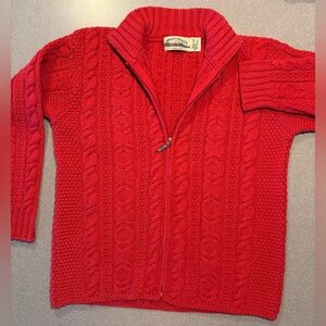 Aran Crafts 100%‎ merino soft wool zip Cardigan Red Cable Knit SZ. M Ireland